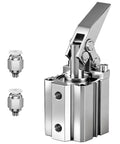 Heavy Duty Xalc Pneumatic Cylinder Featuring Inclined Rod Lever Design and Compression Clamping Rocker Arm Fixture Non Magnetic Aluminum Build with M5 ports.
