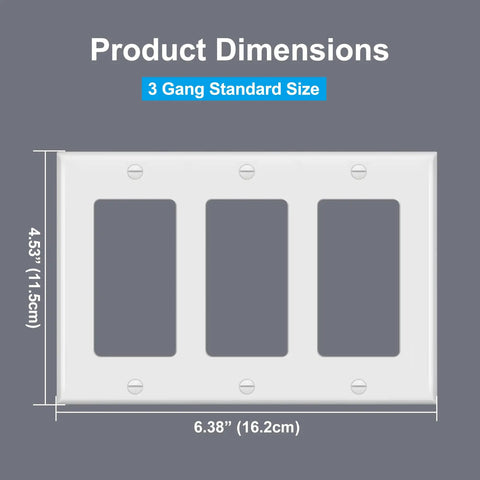Two Pack 3 Gang Decorator Wall Plate Cover for GFCI Outlets and Dimmer Switches, Unbreakable Polycarbonate, White, Standard Size