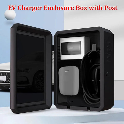 Solid EV Charger Enclosure Heavy Duty Weatherproof Shell For Outdoor Stations Secure Lock Box with post, showing interior cables and charger.