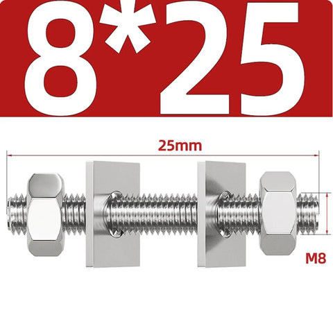 304 Stainless Steel Threaded Rod Kit With Nuts And Square Washers Full Thread Studs Assortment of 25 Lengths from 16mm to 200mm