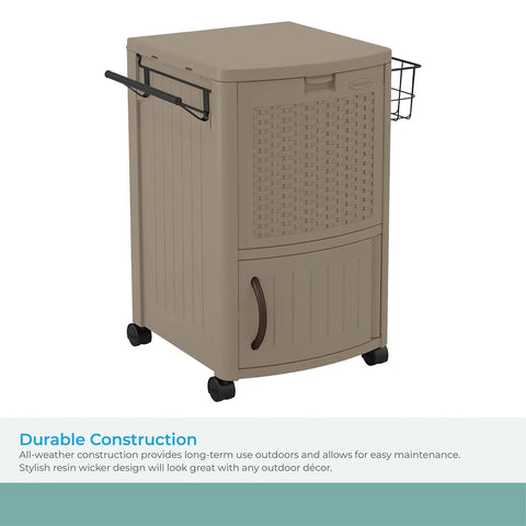 77 Quart Outdoor Patio Cooler With Wheels And Hinged Lid Wicker Look Resin With Built In Storage Basket And Cabinet
