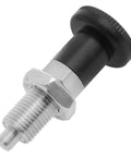 Premium Stainless Steel Spring Reset Indexing Plunger M10 with black grip and threaded shaft for heavy duty applications.