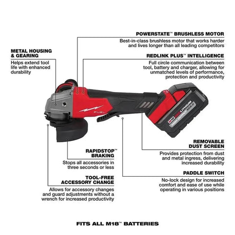 Heavy Duty Brushless Cordless Angle Grinder Kit 4 5 Inch 5 Inch 18 Volt with metal housing features and user-friendly design.