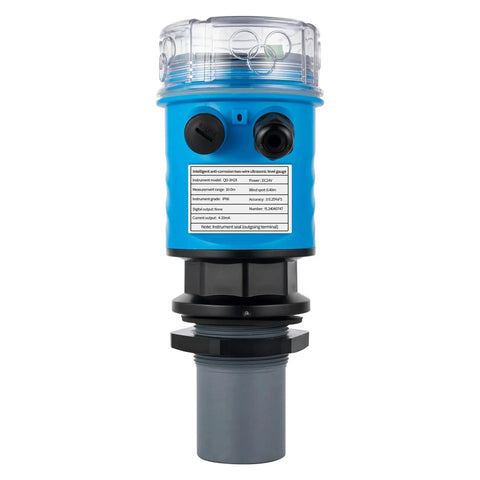 High Precision Ultrasonic Water Level Sensor For Tank Gauge And Monitoring With 4-20mA Analog Output Plus Dual Relays For Heavy Duty Use To Prevent Overflow And Keep Operations Running Smoothly In Industrial And Residential Applications Up To 20M, blue housing with display and connectors.