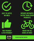 Infographic showing benefits of Anti-Puncture Bike Tire Sealant, 8.45oz, easy use, fast repair, tire-friendly, eco-friendly, for all bikes.