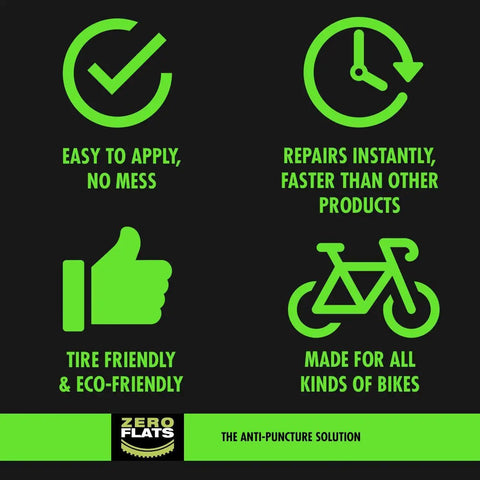 Infographic showing benefits of Anti-Puncture Bike Tire Sealant, 8.45oz, easy use, fast repair, tire-friendly, eco-friendly, for all bikes.