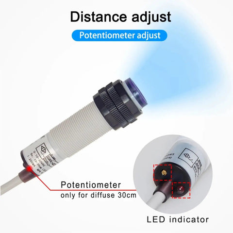 5V DC Photoelectric Sensor Switch With Diffuse 30cm, Retro Reflective 2m, And Through Beam 5m Detection Modes, PNP NC Output