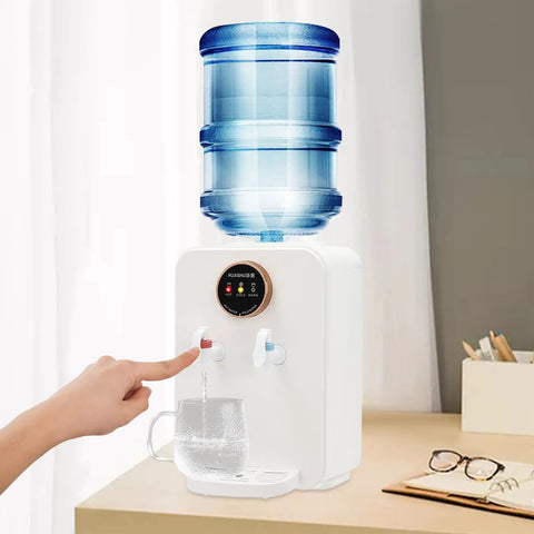 Countertop Water Cooler Dispenser For Home Or Office, Top Loading Hot And Cold Water, person using dispenser, LED temperature indicators