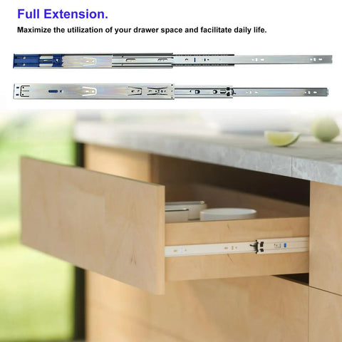 Top Shelf Built Tough 18 Inch Full Extension Drawer Slides, showcasing smooth glide and installation in cabinet drawers.