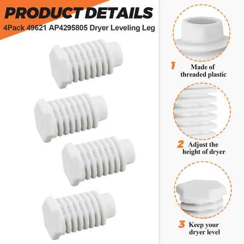 Dryer Leveling Feet Set 49621 AP4295805 Replacement For Whirlpool And Kenmore Dryers, 1.8 Inch Threaded Plastic Feet, Pack Of 4