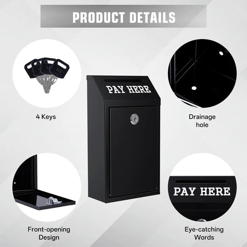 Locking Cash Box With Slot For Donations, Metal Money Box With Keyed Lock And 4 Keys, Wall Mount Cash Drop Box, Black