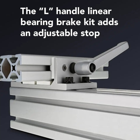 Double Flange Short Aluminum Linear Bearing For 3 Inch Extrusion 80 20 15 Series Four Mount With Brake Holes Self Lubricating UHMW Bearing Block For Precise Linear Motion And Smooth Glide, L-handle brake stop on aluminum extrusion