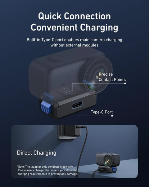 Magnetic Quick Release Charging Mount for DJI Osmo Nano with USB-C port shown for direct charging, foldable base, one quarter screw hole.