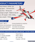 VOTEC 322 67 Inch Fixed Wing Electric RC Model Airplane PNP AM670 Motor overview with specs and packing list.