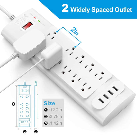 14 In 1 Surge Protector Power Hub With 10 AC Outlets And 4 USB Ports, 1875W 2100 Joules, features widely spaced outlets
