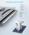 6 In 1 European Travel Plug Adapter With 2 US Outlets, 1 USB C And 3 USB Ports, shown on passport for size reference