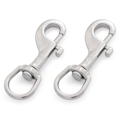 Front view: pair of 3.5-inch stainless steel swivel-eye bolt snaps with latches
