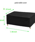 Outdoor Coffee Table Cover 48 Inch Long 24 Inch Wide 28 Inch High Waterproof Windproof Garden Furniture Cover for Rectangle Patio Tables Durable Oxford Cloth With Silicone Inner Layer Fits Most Rectangular Sets shown in black with dimensions