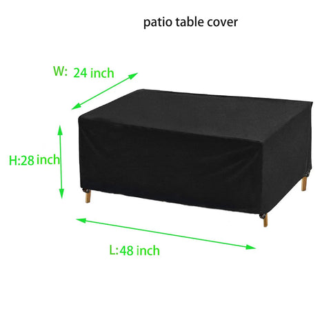 Outdoor Coffee Table Cover 48 Inch Long 24 Inch Wide 28 Inch High Waterproof Windproof Garden Furniture Cover for Rectangle Patio Tables Durable Oxford Cloth With Silicone Inner Layer Fits Most Rectangular Sets shown in black with dimensions