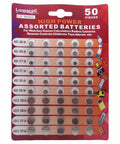 High Power Assorted Alkaline Button Cell Batteries 1.5V Coin Cells For Watches Calculators Toys And Home Electronics 50 Pack arranged on a card.