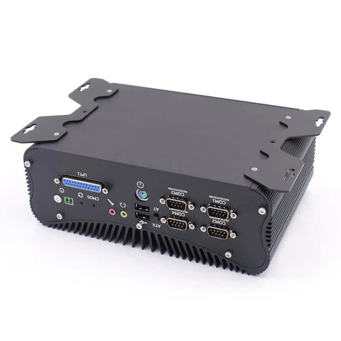 Rear view of Workhorse Mini Desktop PC Powered By Intel Core I7 8550U with multiple ports and fanless aluminum chassis.