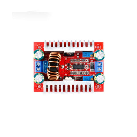Kickass Four Pack Of 400 Watt Step Up Boost Converter Modules With Wide Adjustable Output Range and Heavy Duty 15 Amp Constant Current Regulation For Automotive And Tech Projects, red circuit board top view