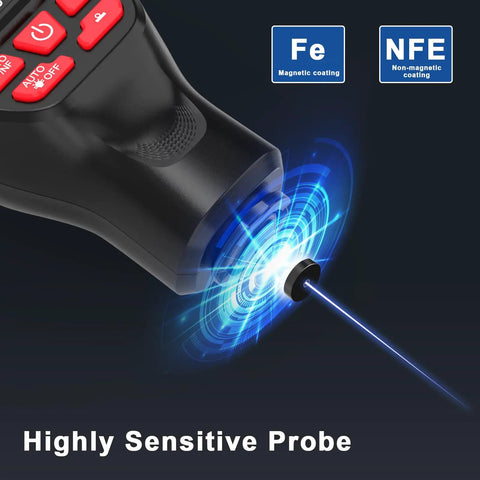 All Around Paint Thickness Gauge 0-2000um With LCD Readout Auto Substrate Detection 3 Probe Modes 3 Unit Switching Works On Steel Metal Plastic Glass PVC Battery Indicator Auto Shutoff Pro Grade highly sensitive probe for Fe and NFE coatings