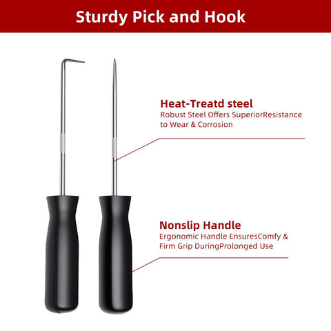 Sturdy pick and hook tools from 10 Piece Snap Ring Pliers Set Heavy Duty Internal And External Circlip Pliers Kit With Straight And Bent Jaw Tips Hook Pick Gloves And Storage Case For Quick Ring Installation And Removal.
