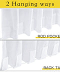 Close-up of outdoor sheer white weighted curtains with rod pocket and back tab hanging options shown.