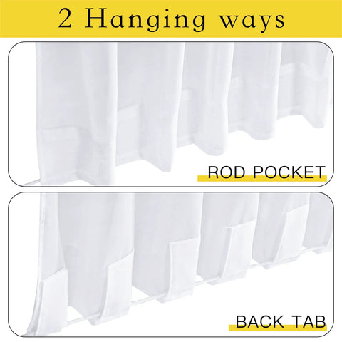 Close-up of outdoor sheer white weighted curtains with rod pocket and back tab hanging options shown.