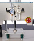 Heavy Duty 16X24 Dual Station Pneumatic Heat Press With Up Sliding Platen And LCD Touchscreen showing pressure gauges and emergency stop button