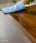 Restore Shine And Protect Cabinets, Furniture, And Wall Paneling With One Coat Wipe On Restorer applied on wooden surface before and after