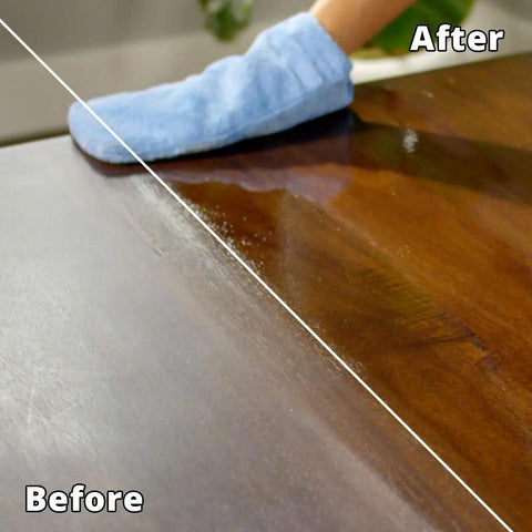 Restore Shine And Protect Cabinets, Furniture, And Wall Paneling With One Coat Wipe On Restorer applied on wooden surface before and after