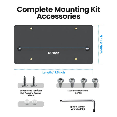 Rear License Plate Bracket Holder Fits Audi A3 A4 A5 A6 A7 A8 S4 S5 S6 S7 RS5 RS6 RS7 Q3 Q5 SQ5 2012-2025 With Screws And Wrench Tail Bumper Tag Frame Upgrade, mounting kit with screws and wrench displayed next to outlined dimensions.