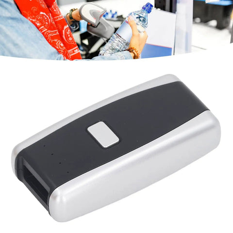 Pocket Bluetooth Barcode Scanner 1D 2D QR Code Reader with Red Light CCD, Wireless 2.0 and 2.4G, handheld close-up image.