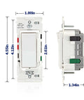 White Rocker Slide Dimmer Switch For LED And Incandescent Bulbs 150 Watt Single Pole Or 3 Way Wall Control showing dimensions and design.