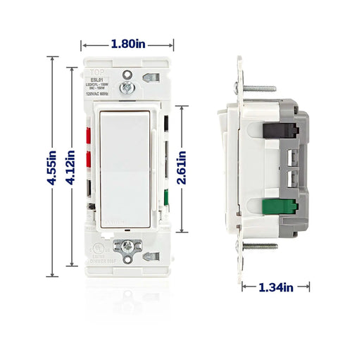 White Rocker Slide Dimmer Switch For LED And Incandescent Bulbs 150 Watt Single Pole Or 3 Way Wall Control showing dimensions and design.