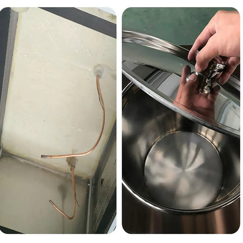Massive Upright Freezer, showing copper core line and interior view of the stainless steel lid for cold storage.