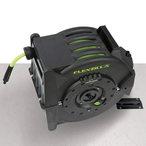 Levelwind Retractable Air Hose Reel 3/8 Inch By 75 Feet Workhorse Heavy Duty Lightweight Hybrid For Garages And Shops With Lead-In Hose ZillaGreen