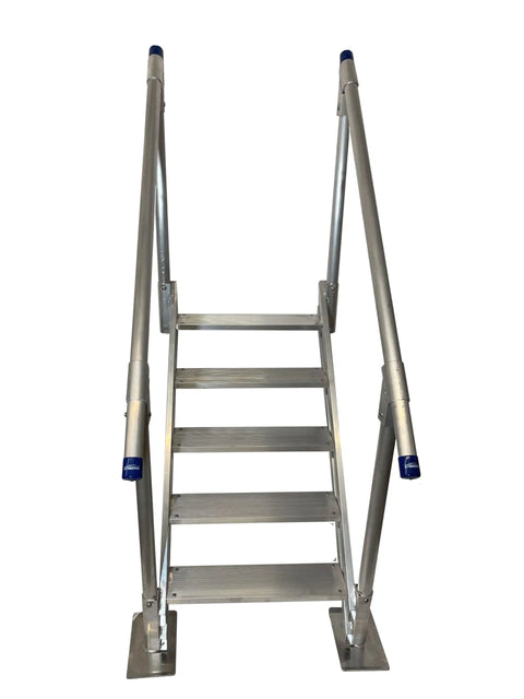 Heavy Duty Aluminum Dock Stairs With Five Wide Platforms And Twin Handrails for easy shoreline access.