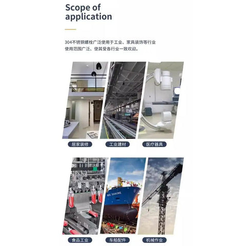 Various applications of Straight Up Rock Solid Heavy Duty 304 Stainless Steel Stud Expansion Anchor in industrial and construction settings.