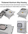 Outdoor junction box in thickened aluminum alloy with viewing window, lock and mounting plate; IP66 explosion-proof housing.