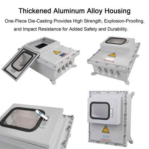 Outdoor junction box in thickened aluminum alloy with viewing window, lock and mounting plate; IP66 explosion-proof housing.