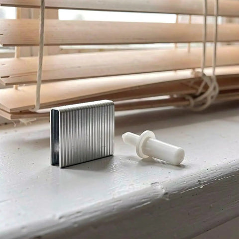 Hassle Free Shutter Repair Pins And Blind Slat Connectors For Plantation Windows and Wood Blinds with Tilt Rod Clips on window ledge.