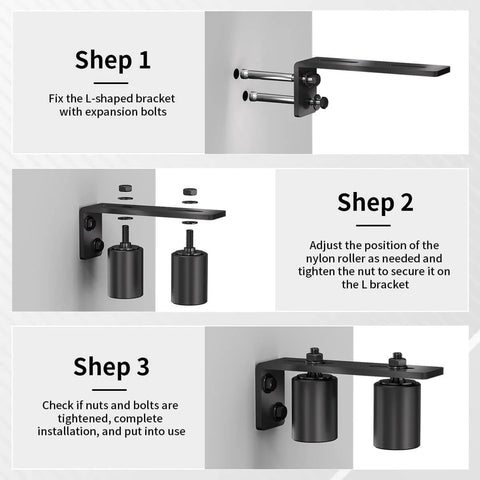Installation steps for 2 Inch Black Heavy Duty Beefy Sliding Gate Rollers Set 2 Pack With L Rear Post Bracket Universal Adjustable Side Mount Alloy Steel And Plastic Built For Smooth Sliding Gates And Rolling Doors