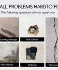 Image showing various wall problems: peeling, nail hole, cracks, mildew, and holes, highlighting issues solved by Drywall Repair Kit With Scraper 2 Pack Wall Putty For Mildew Peeling Paint Graffiti And Quick Fix For Cracks Dents And Scratches Includes Sandpaper Gloves And Precision Nozzle Tip No Pro Skills Needed.