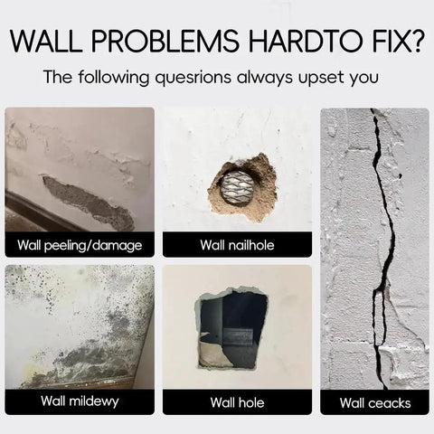 Image showing various wall problems: peeling, nail hole, cracks, mildew, and holes, highlighting issues solved by Drywall Repair Kit With Scraper 2 Pack Wall Putty For Mildew Peeling Paint Graffiti And Quick Fix For Cracks Dents And Scratches Includes Sandpaper Gloves And Precision Nozzle Tip No Pro Skills Needed.
