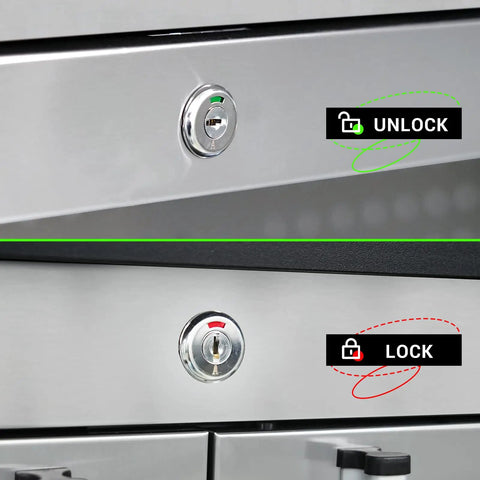 72 Inch Tool Chest With Wheel Lock And LED Lighting, 11 Storage Drawers Plus Double Door Cabinet, Built In Outlet, Stainless Steel Pegboard, Beefy Garage Workshop Storage System close-up of lock unlock keys