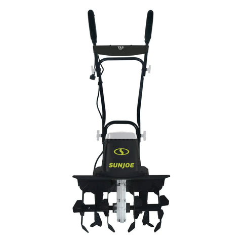 Front view of a Corded Electric Garden Tiller And Cultivator With Steel Tines, 16 Inch Width And 13.5 Amp Motor Delivers 370 RPM