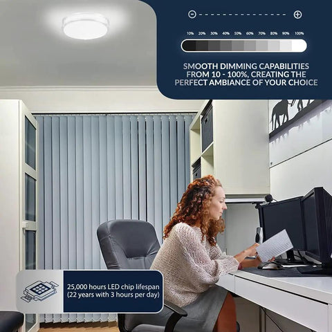 Woman working in office with Dimmable LED Ceiling Light With Dope Double Ring Design For Hallways Bedrooms Closets And Kitchens 22W 1800 Lumens 5 Color Temperatures Brushed Nickel ETL Listed Energy Saving Fixture showing dimming settings.
